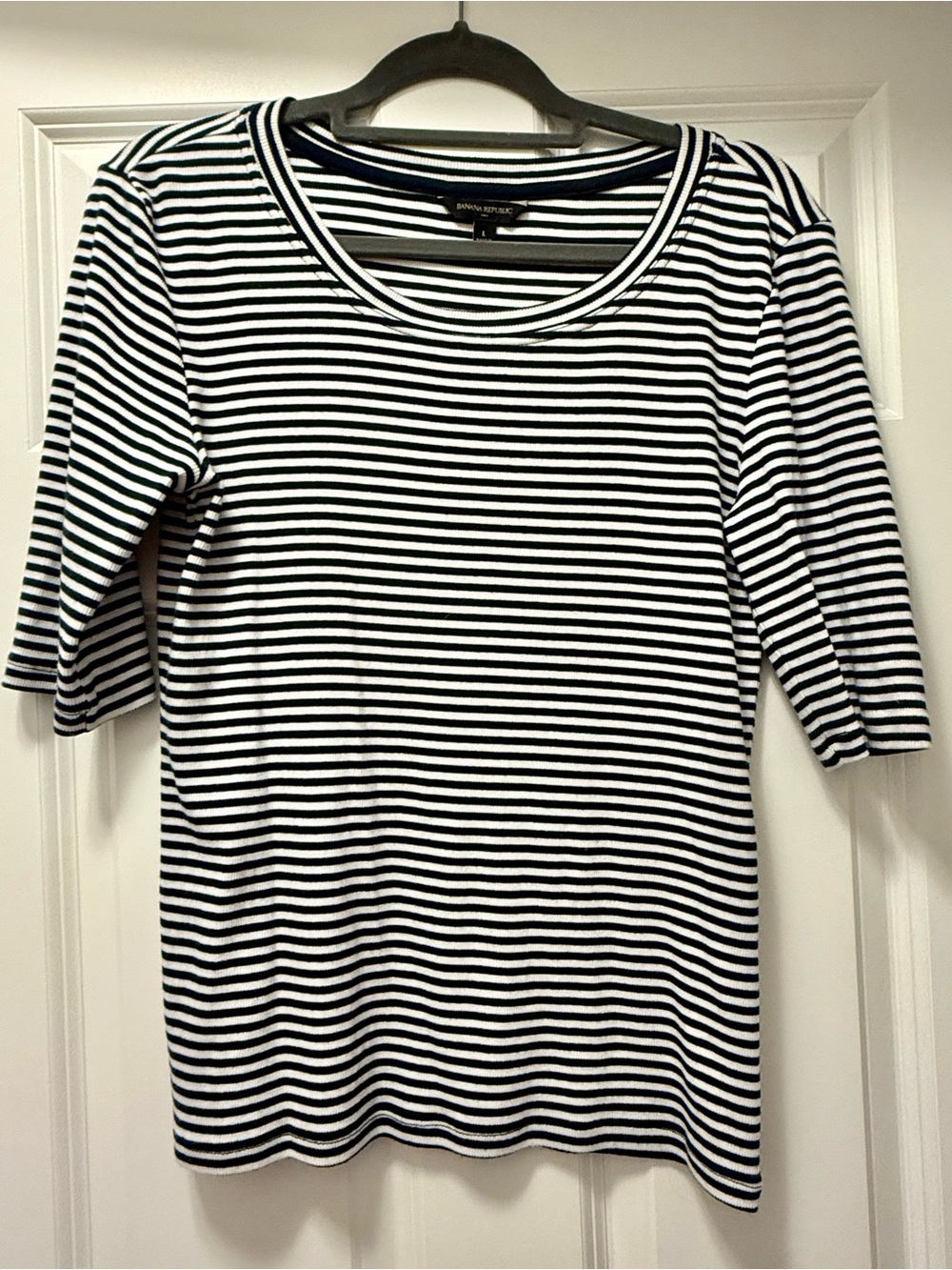 Banana Republic Navy and White Striped Crewneck Top